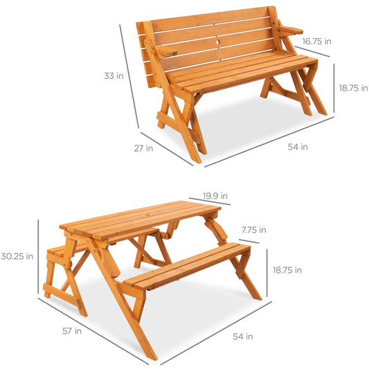 Best Choice Products 2‑in‑1 Convertible Wooden Outdoor Picnic Table & Garden Bench with Umbrella Hole, Natural Wood Finish
