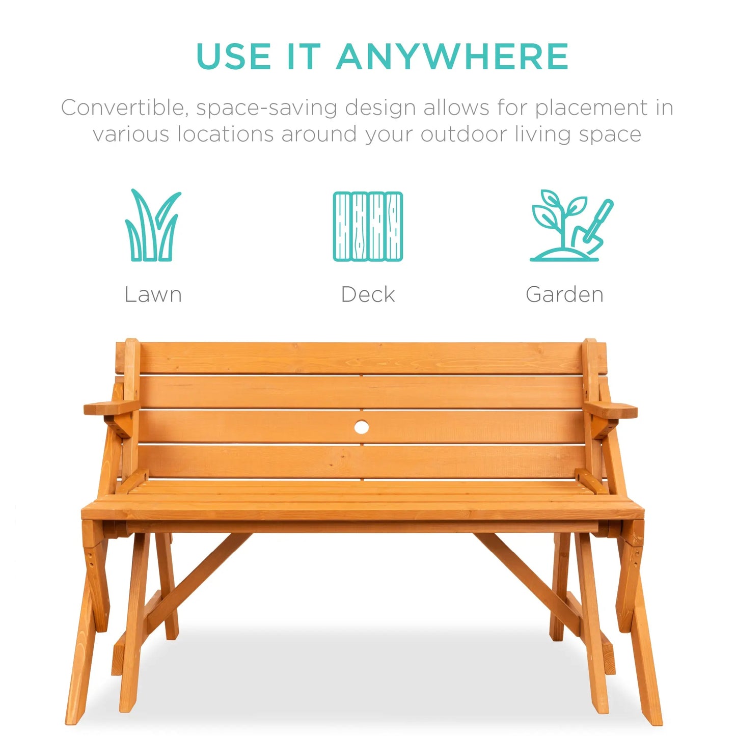 Best Choice Products 2‑in‑1 Convertible Wooden Outdoor Picnic Table & Garden Bench with Umbrella Hole, Natural Wood Finish