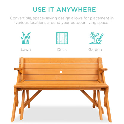 Best Choice Products 2‑in‑1 Convertible Wooden Outdoor Picnic Table & Garden Bench with Umbrella Hole, Natural Wood Finish