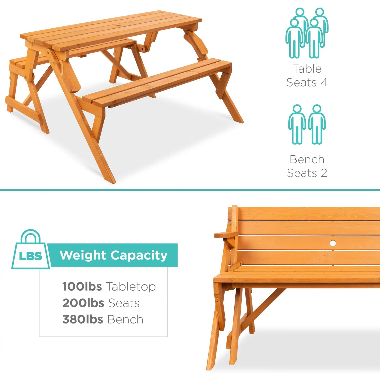 Best Choice Products 2‑in‑1 Convertible Wooden Outdoor Picnic Table & Garden Bench with Umbrella Hole, Natural Wood Finish