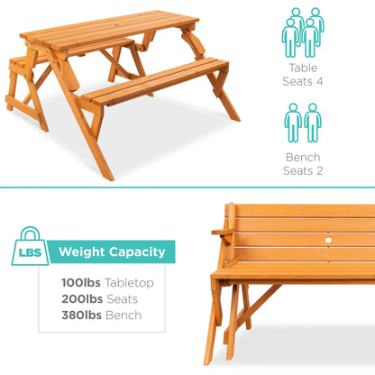 Best Choice Products 2‑in‑1 Convertible Wooden Outdoor Picnic Table & Garden Bench with Umbrella Hole, Natural Wood Finish