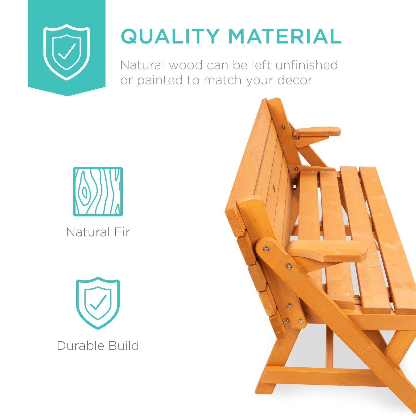 Best Choice Products 2‑in‑1 Convertible Wooden Outdoor Picnic Table & Garden Bench with Umbrella Hole, Natural Wood Finish