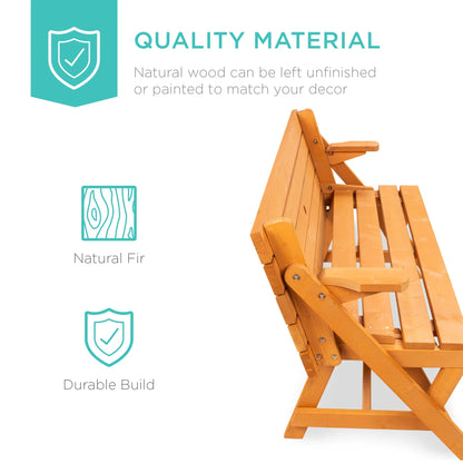 Best Choice Products 2‑in‑1 Convertible Wooden Outdoor Picnic Table & Garden Bench with Umbrella Hole, Natural Wood Finish