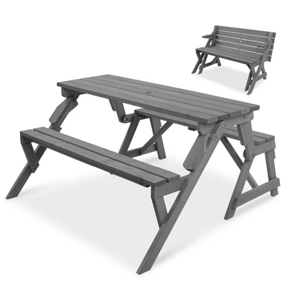 Best Choice Products 2‑in‑1 Convertible Wooden Outdoor Picnic Table & Garden Bench with Umbrella Hole, Natural Wood Finish