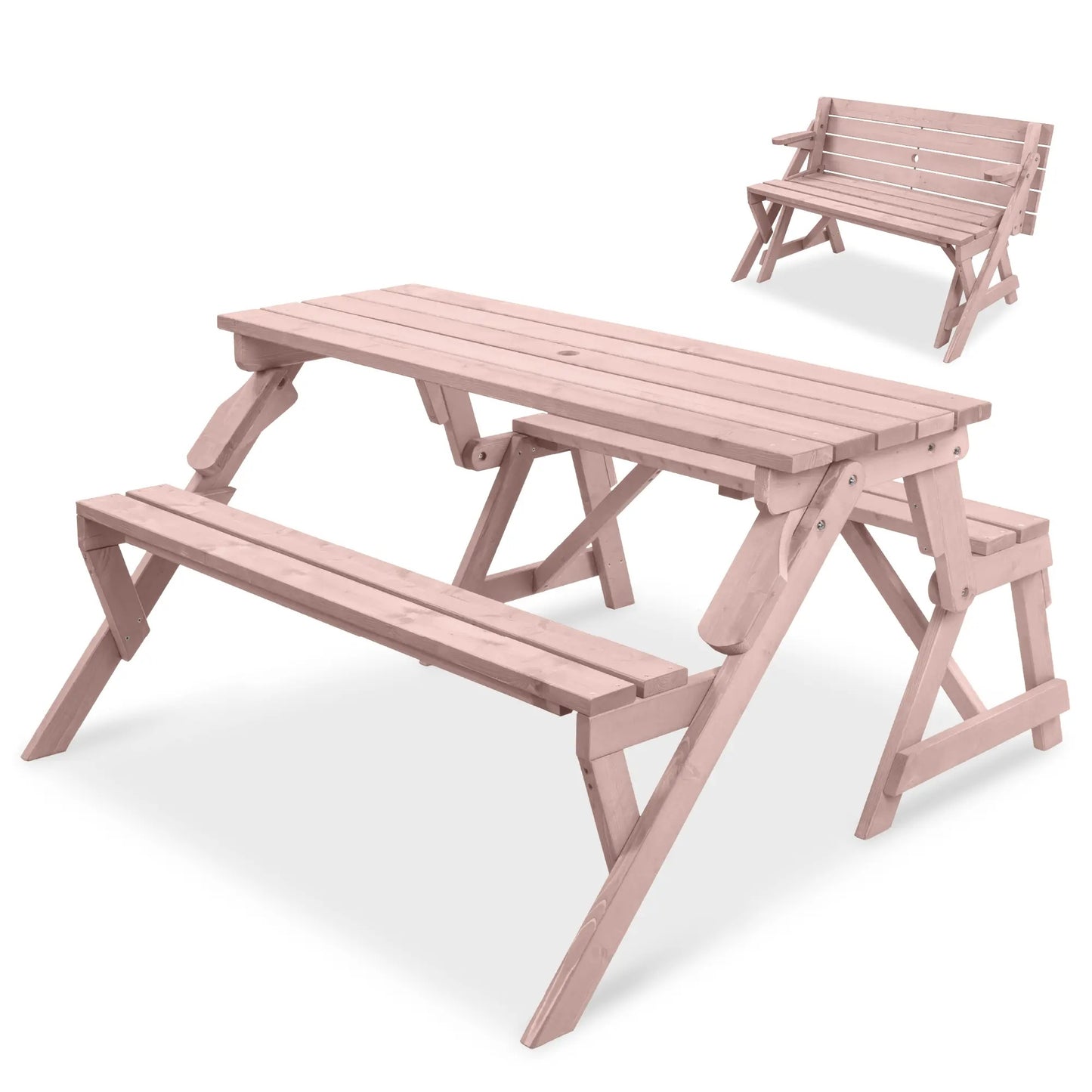 Best Choice Products 2‑in‑1 Convertible Wooden Outdoor Picnic Table & Garden Bench with Umbrella Hole, Natural Wood Finish
