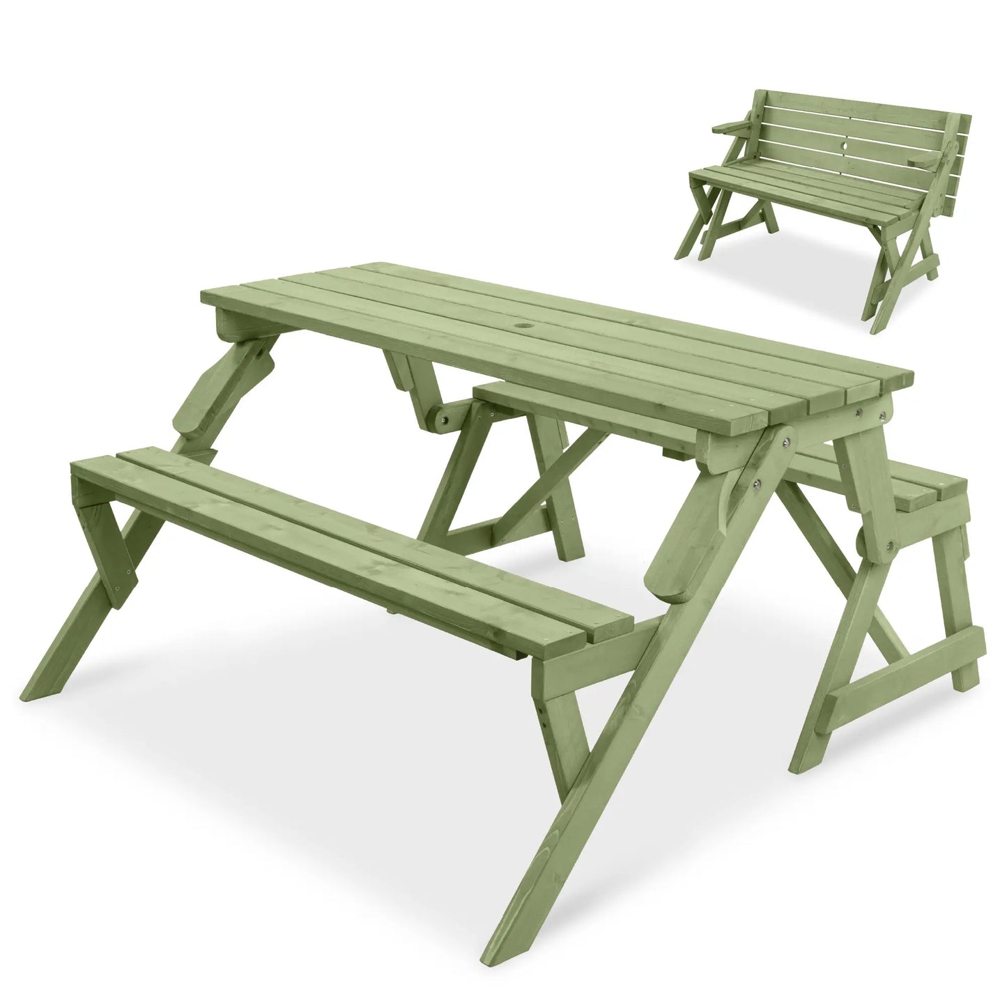 Best Choice Products 2‑in‑1 Convertible Wooden Outdoor Picnic Table & Garden Bench with Umbrella Hole, Natural Wood Finish
