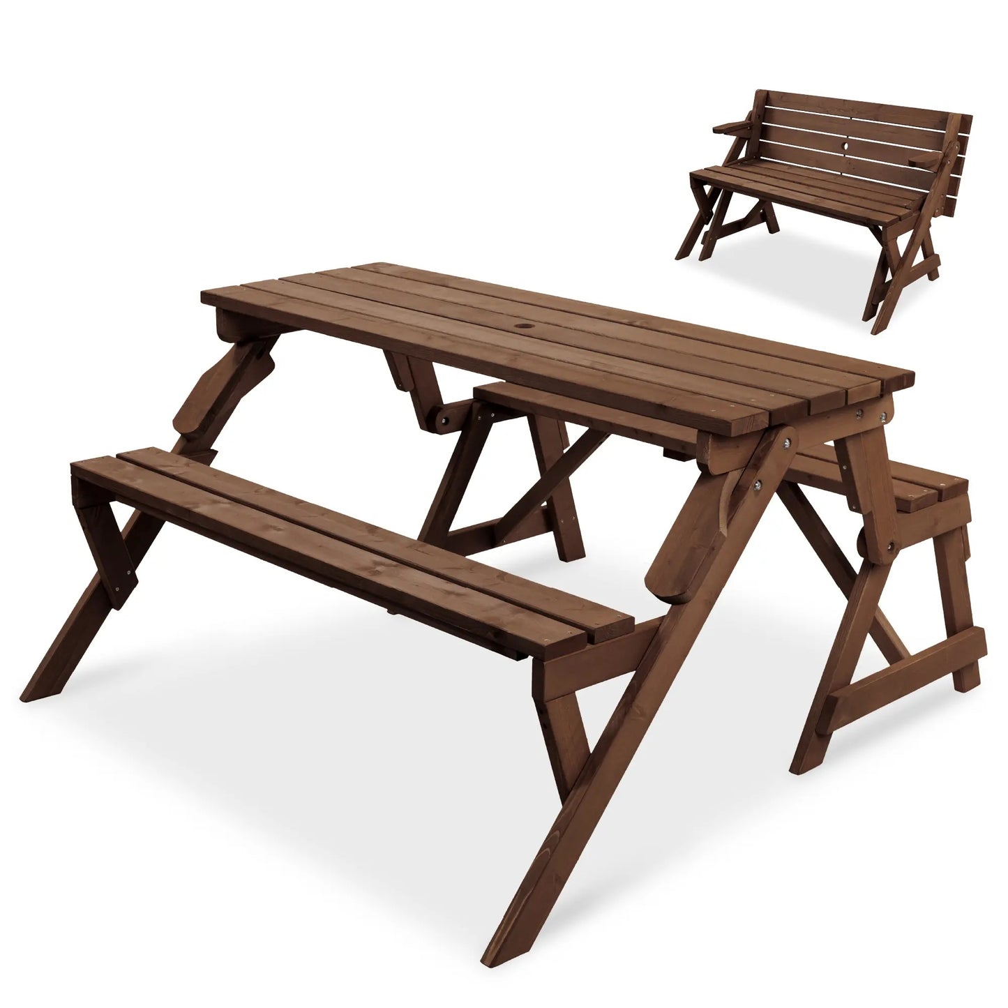 Best Choice Products 2‑in‑1 Convertible Wooden Outdoor Picnic Table & Garden Bench with Umbrella Hole, Natural Wood Finish