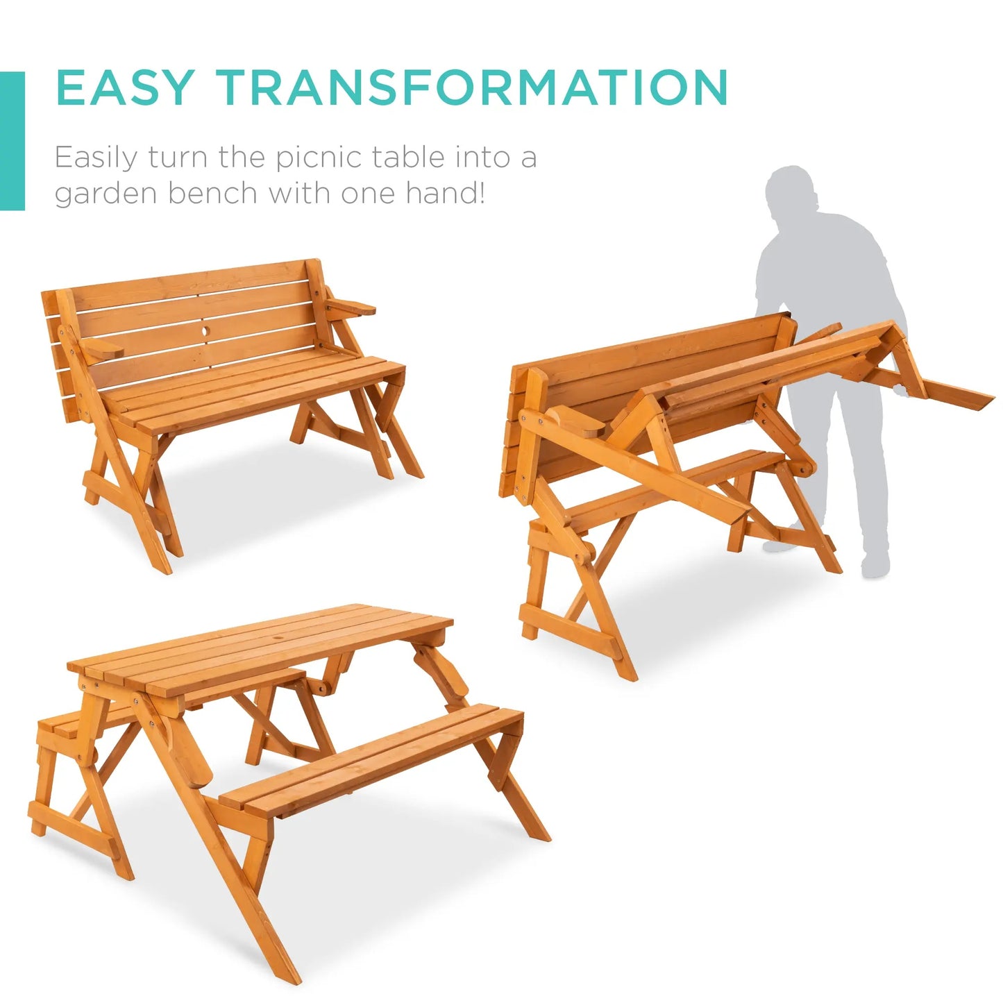 Best Choice Products 2‑in‑1 Convertible Wooden Outdoor Picnic Table & Garden Bench with Umbrella Hole, Natural Wood Finish