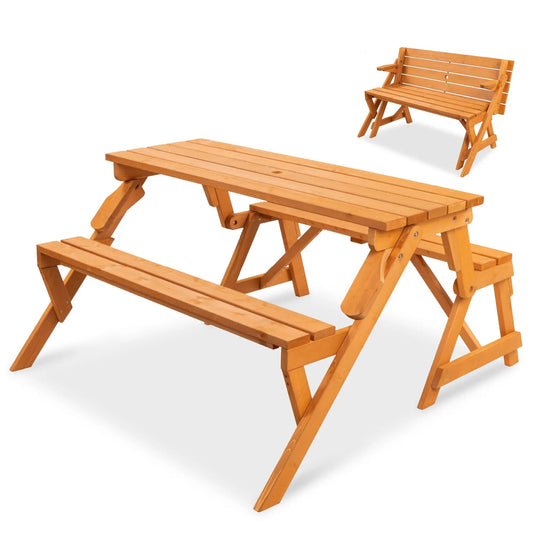 Best Choice Products 2‑in‑1 Convertible Wooden Outdoor Picnic Table & Garden Bench with Umbrella Hole, Natural Wood Finish