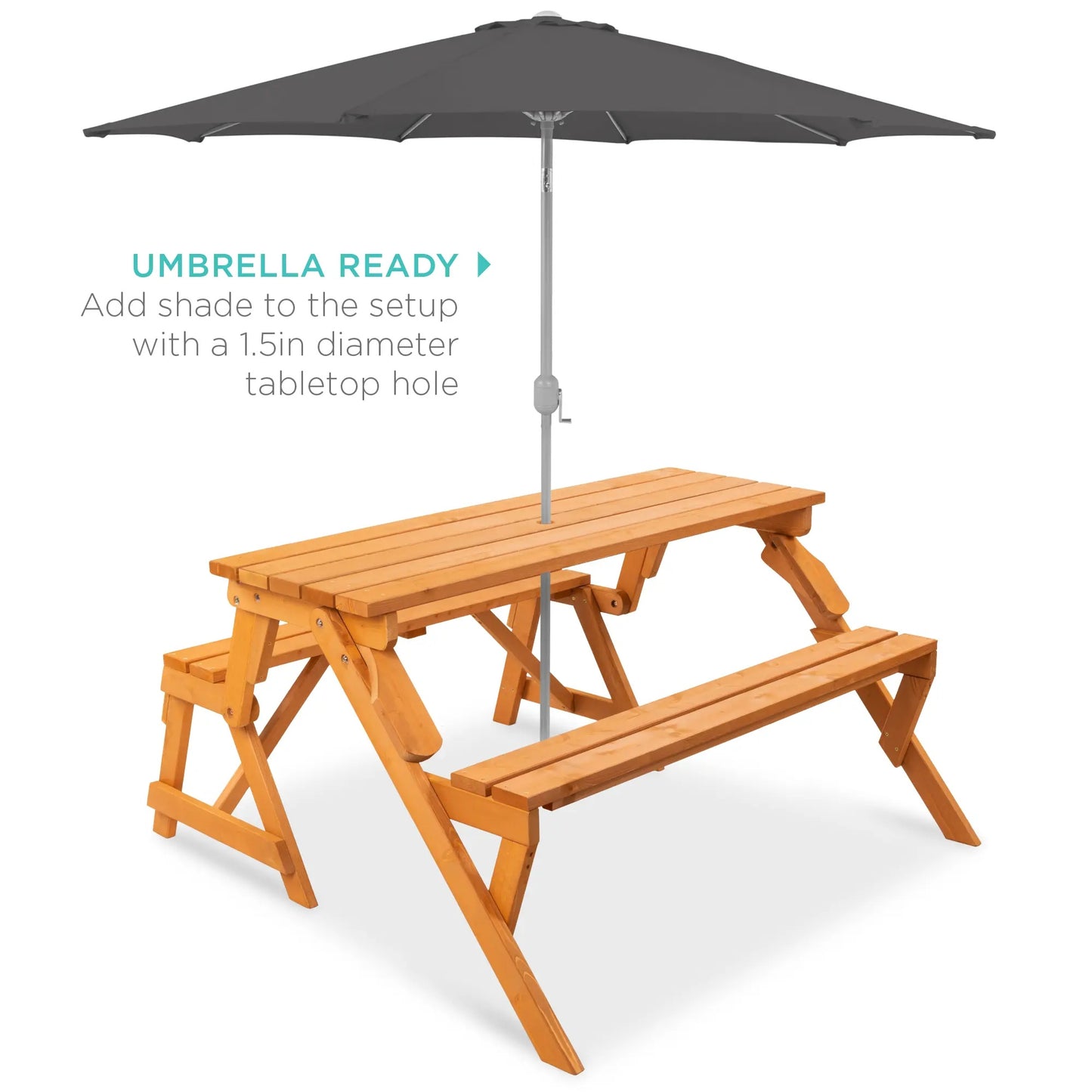 Best Choice Products 2‑in‑1 Convertible Wooden Outdoor Picnic Table & Garden Bench with Umbrella Hole, Natural Wood Finish